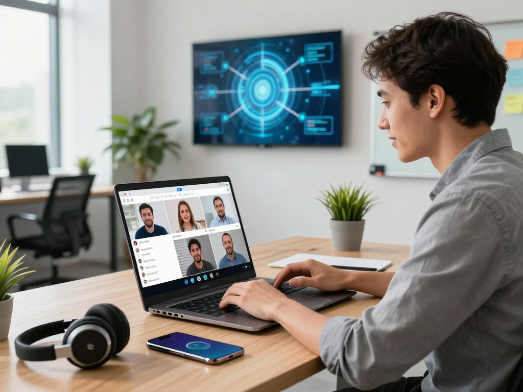 Young professional using juicy chat ai on a laptop during a video call in a modern office.