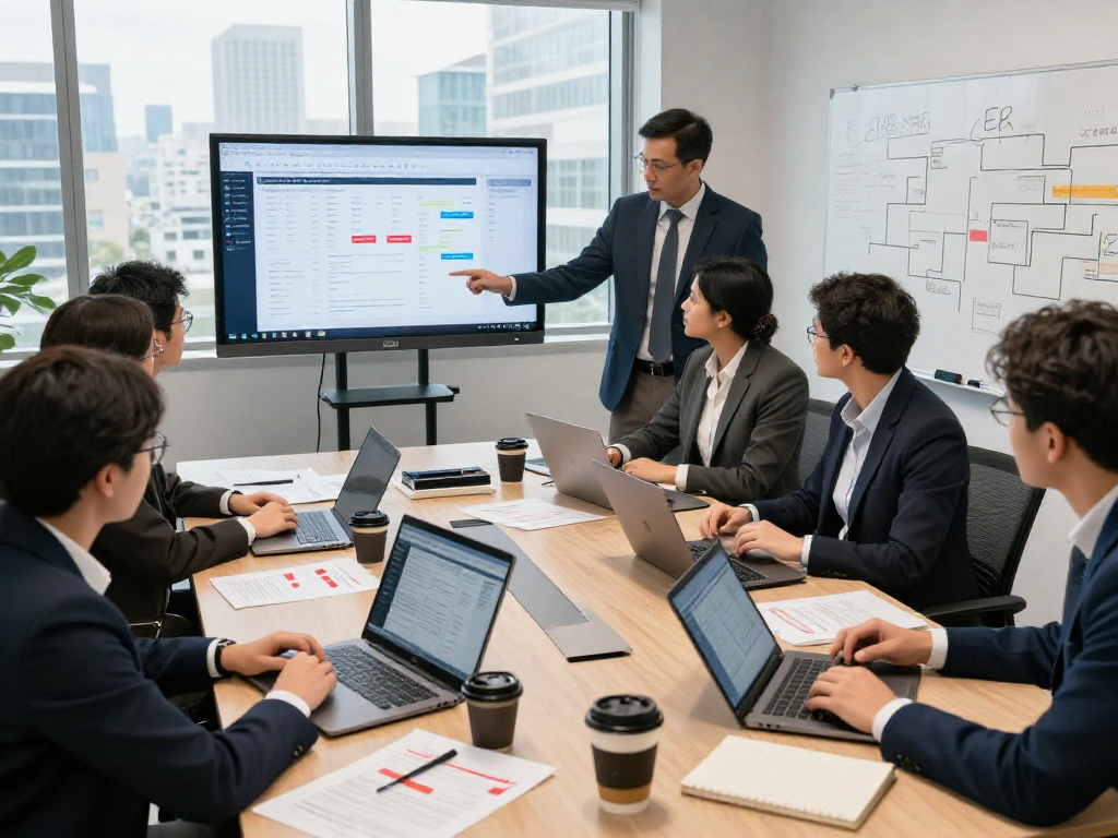 Team collaborating on document fraud detection strategy in modern office.
