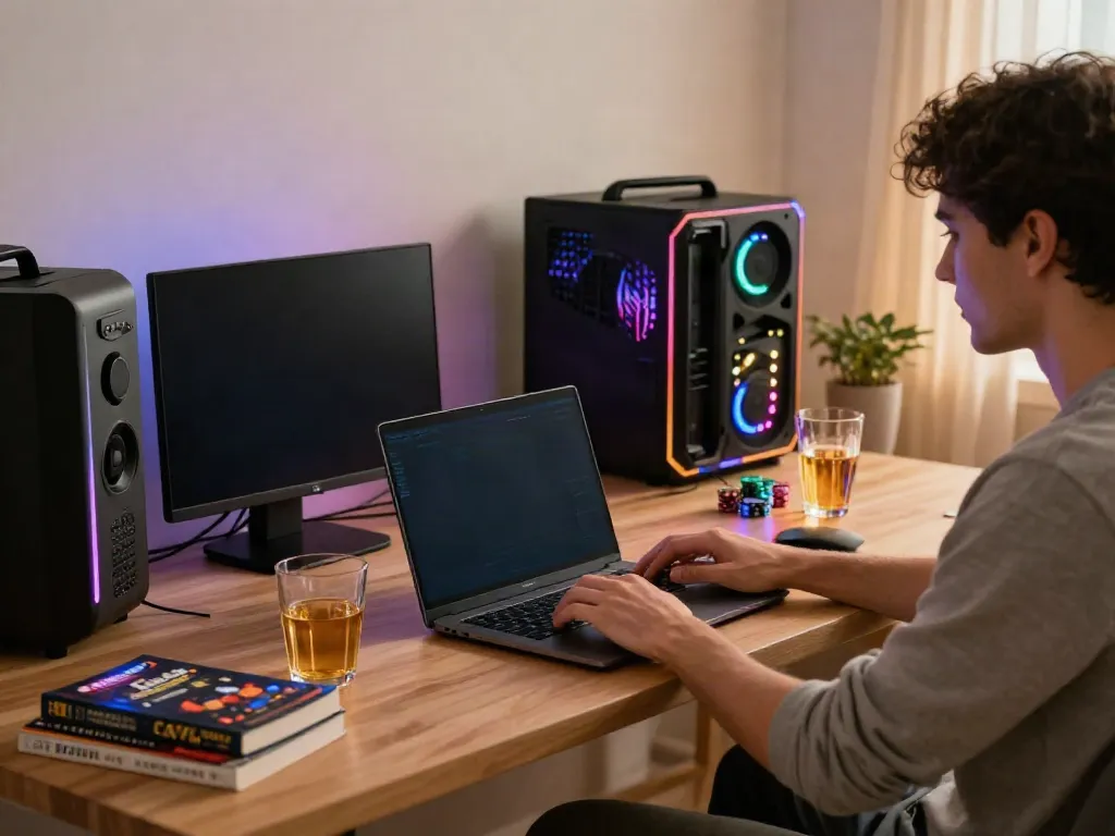 Engaged player exploring the best credit card casinos in a cozy home office.