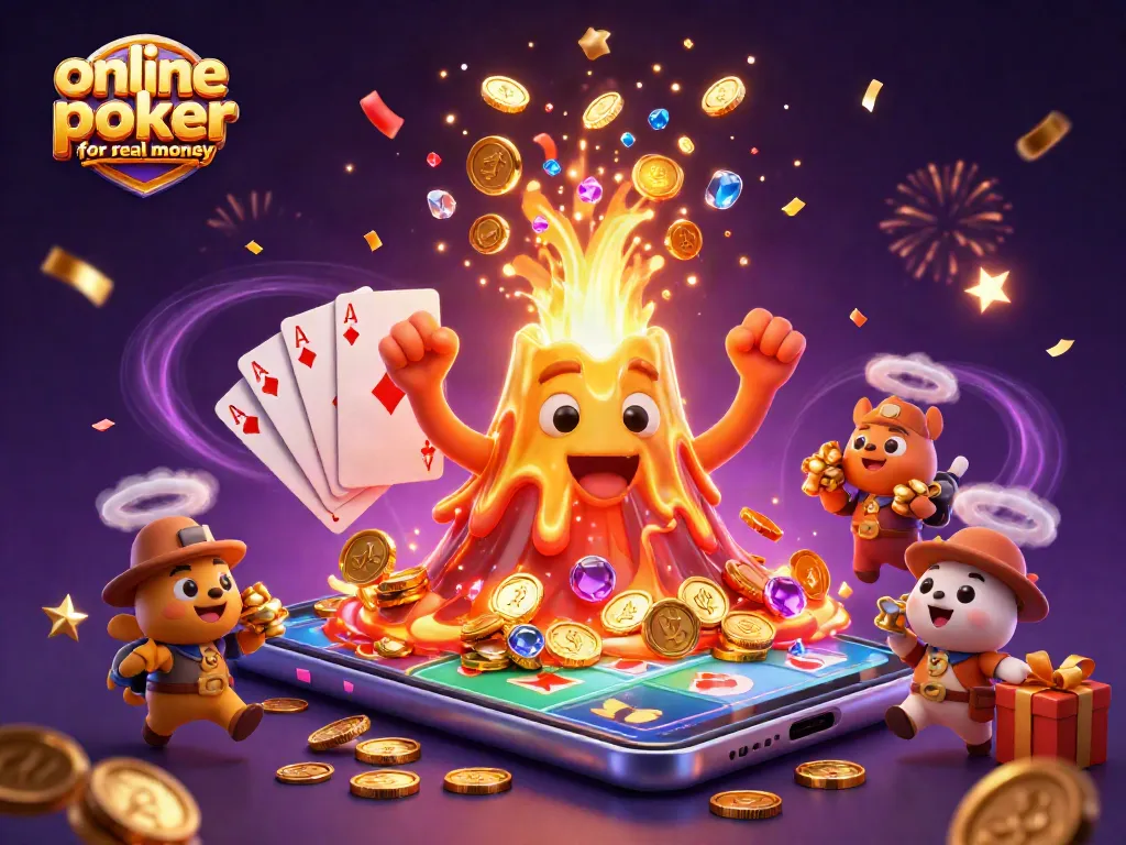Engage with online poker casinos for real money as a golden volcano erupts treasures with dynamic gaming elements.