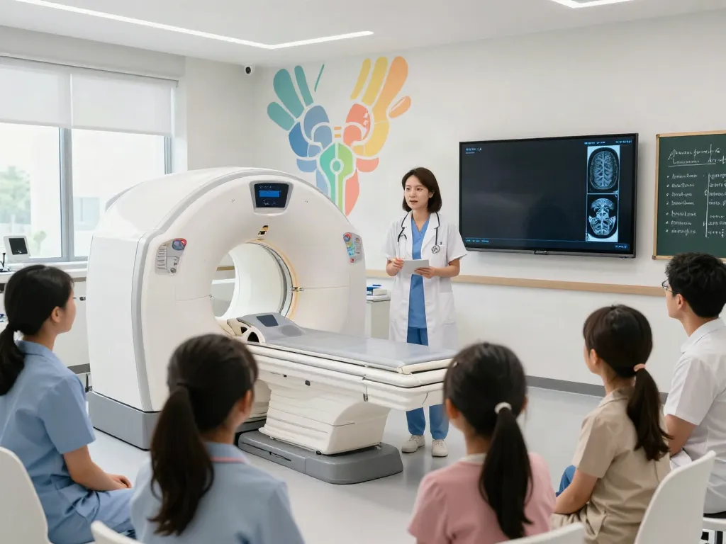 Healthcare professional explaining CT scans, X-rays, and MRIs to patients at a modern facility, focusing on educational visual aids and engagement.