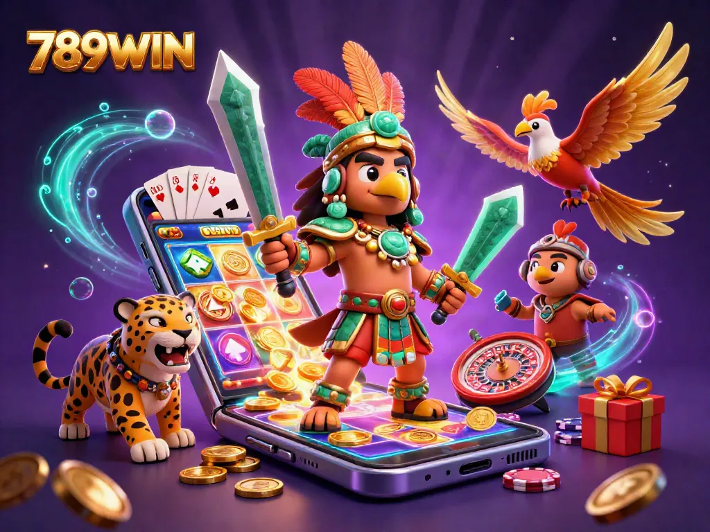 Experience dynamic gameplay with 789WIN featuring a lively casino scene with vibrant characters and exciting game elements.