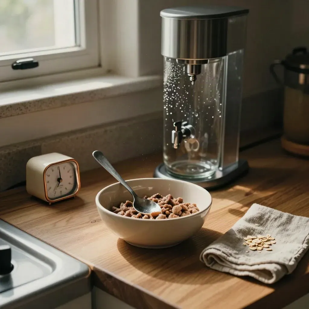 Ciotola di pappa, dispenser d’acqua e timer analogico su piano cucina caldo