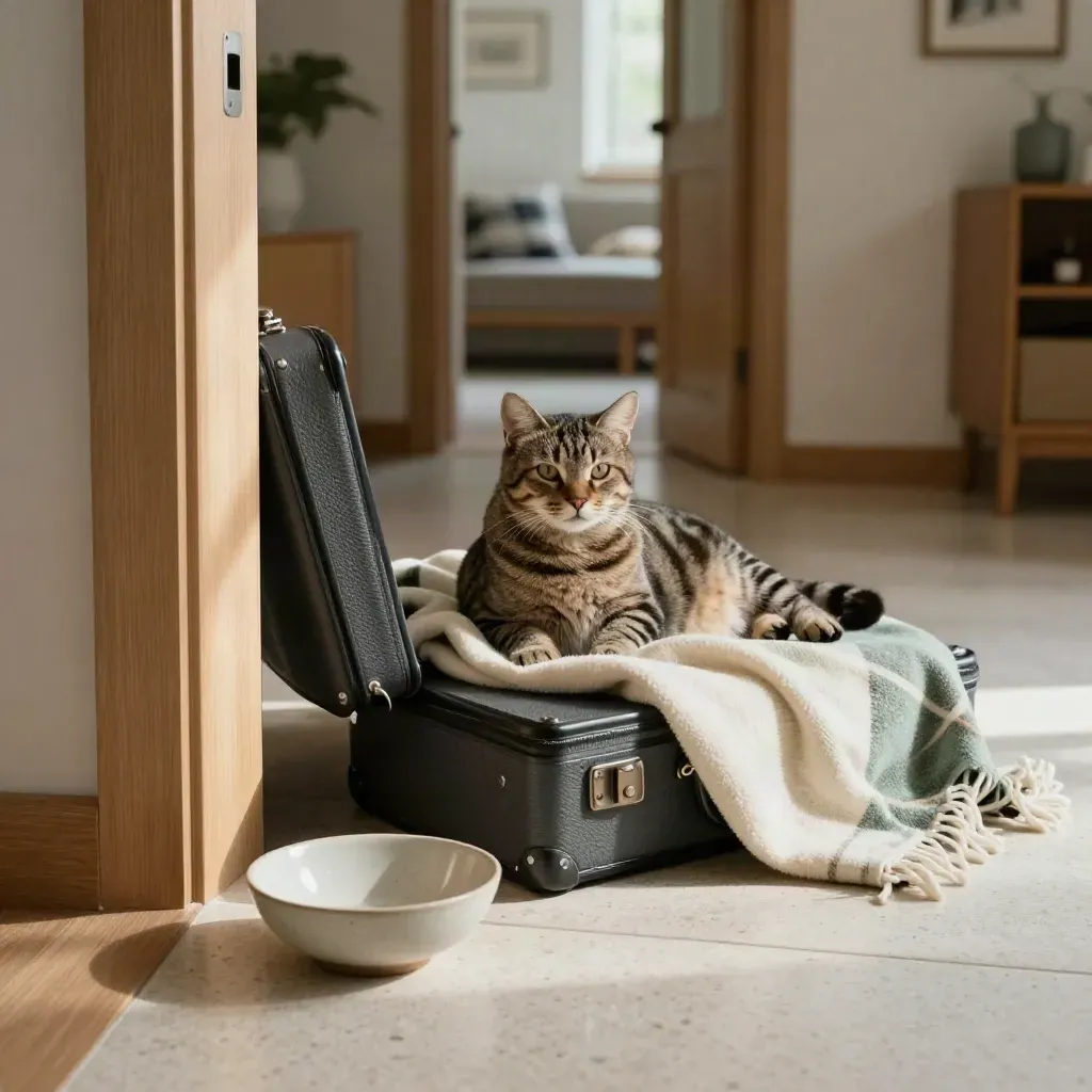 Soggiorno con valigia chiusa, ciotola piena e gatto disteso sul plaid vicino alla porta.