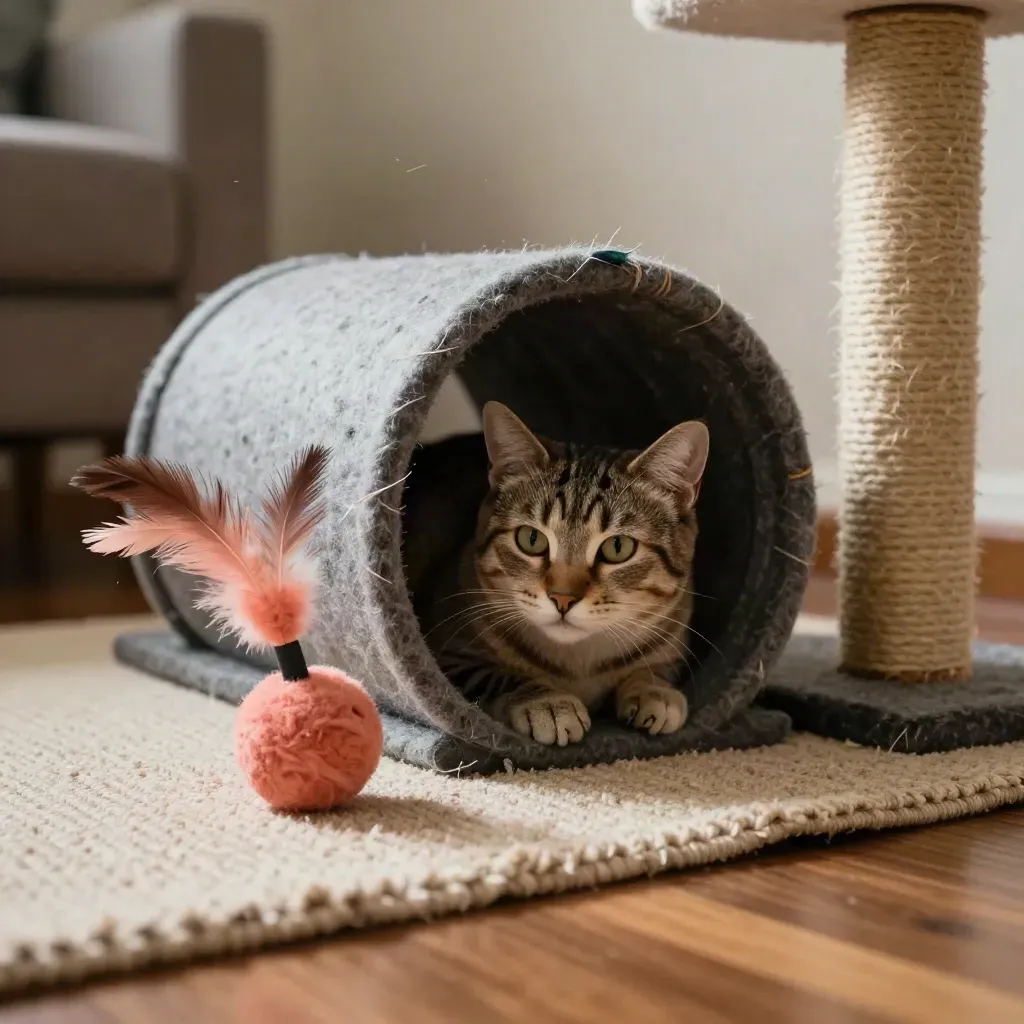 Gatto curioso accanto a tunnel in feltro, pallina morbida e tiragraffi su tappeto intrecciato.