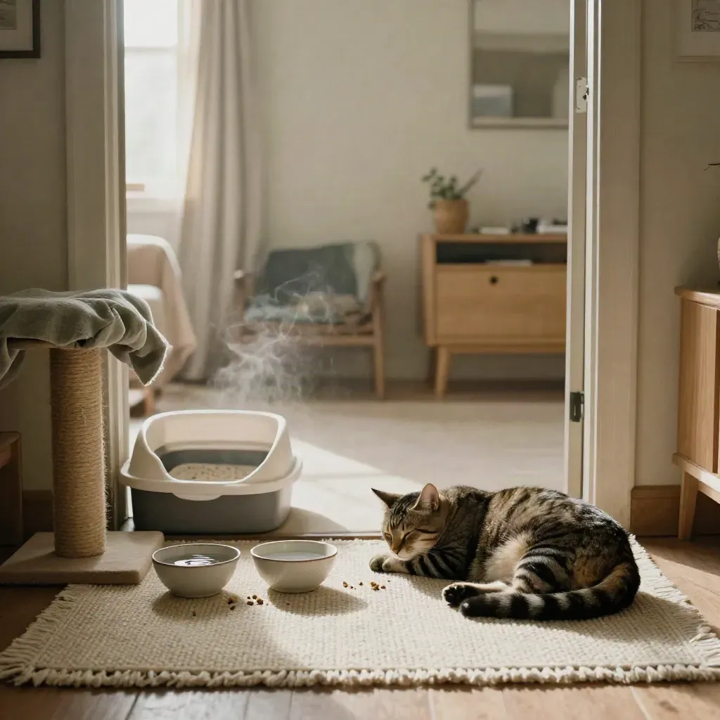 Salotto con gatto addormentato, due ciotole e lettiera impeccabile in luce mattutina.