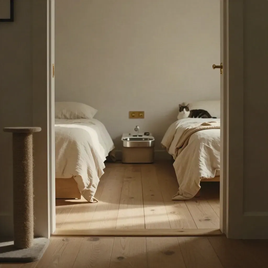 Ingresso domestico con due cucce separate, coperta scambiata e tiragraffi vicino alla porta