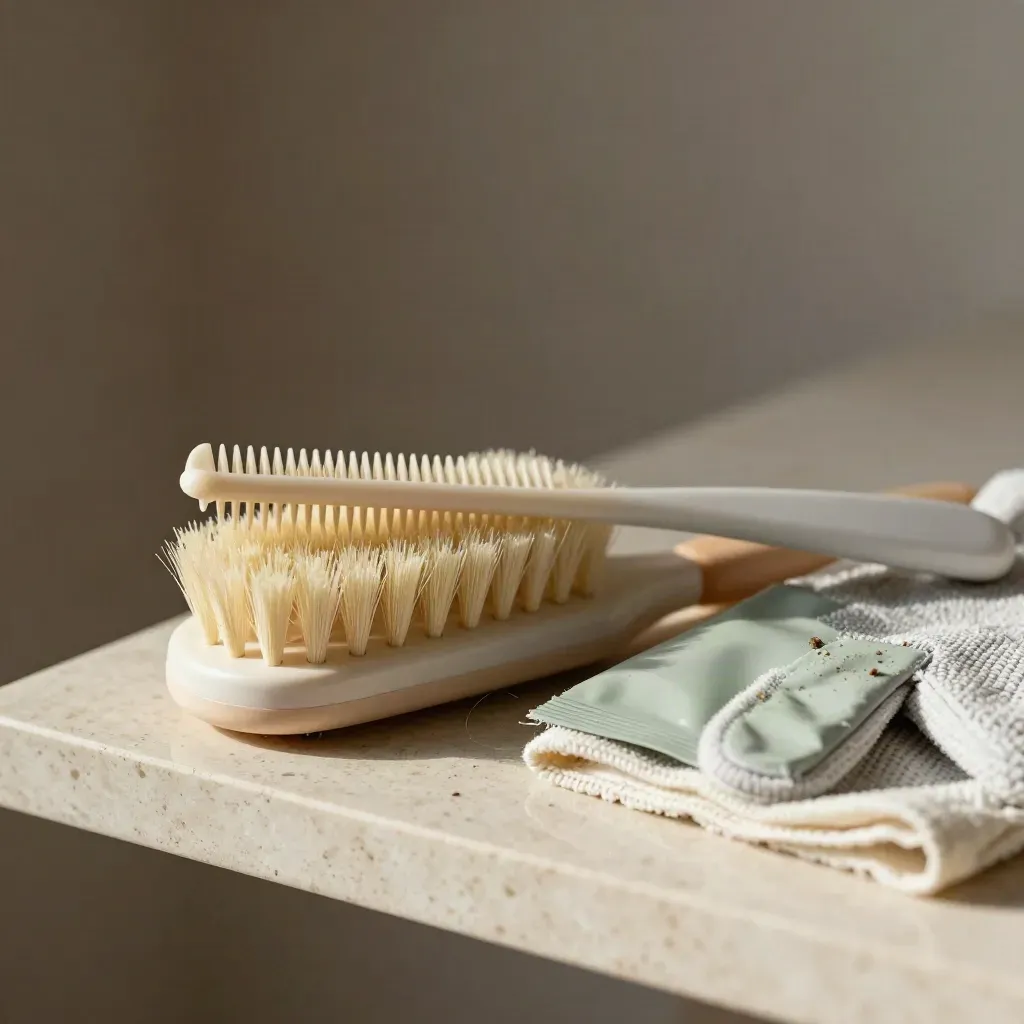 Kit per cat sitter su travertino: pettine, spazzola, guanto antipelucchi, snack e panno in microfibra.