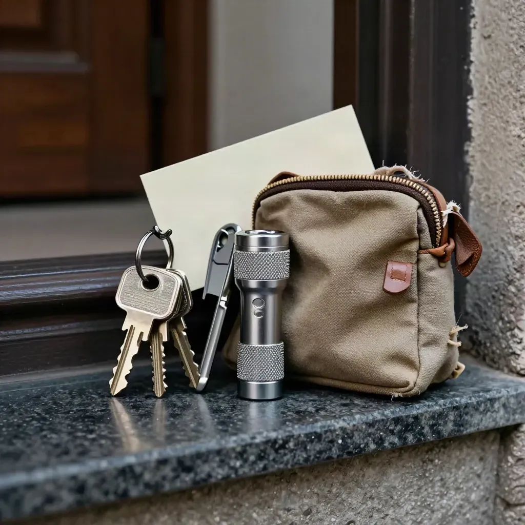 Kit per visite a domicilio con chiavi, torcia e borsa in canvas su pietra scura.