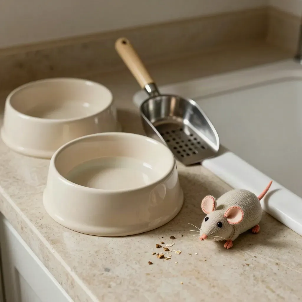 Ciotole pappa e acqua, paletta lettiera e topolino in tessuto su piano chiaro.