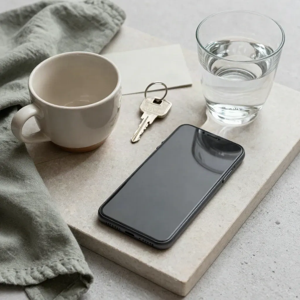 Telefono, chiavi, tazza e bicchiere d’acqua su vassoio in pietra, luce morbida e tono salvia.