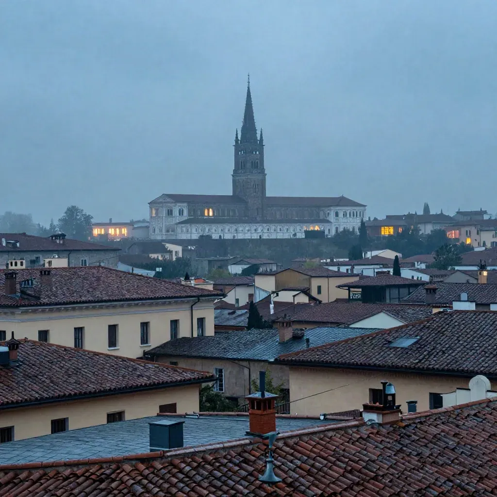 Brera e Duomo al crepuscolo, visti da un terrazzo alto dopo la pioggia.