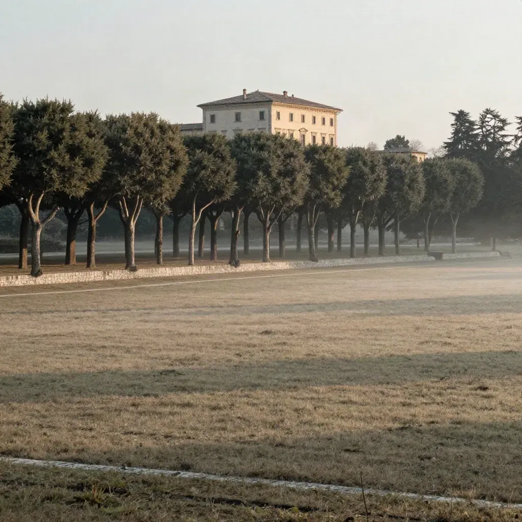 Vista del bordo del Parco di Monza con villa lontana, alberi e bruma mattutina.