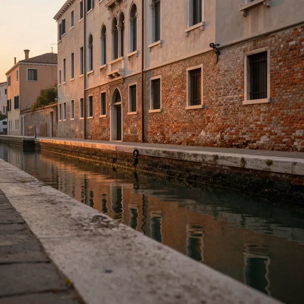 Naviglio basso al tramonto, acqua ferma e facciate calde per Milano Sud.