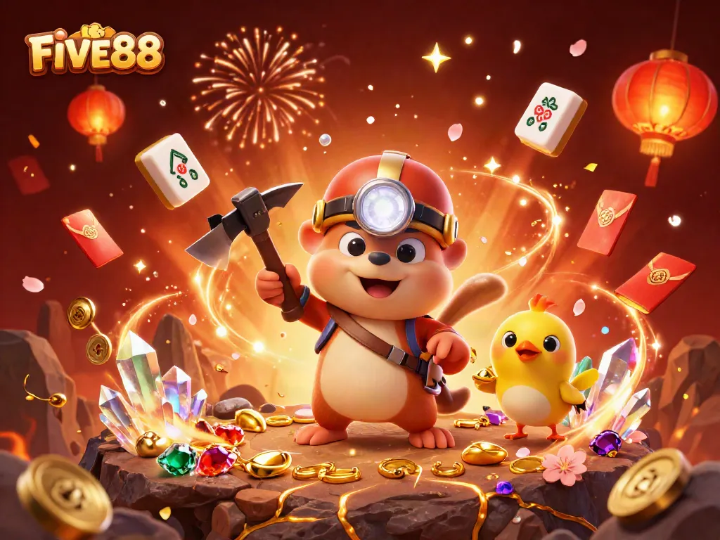 FIVE88 showcases thrilling gameplay with a treasure hunter mole in a vibrant, gem-filled scene.